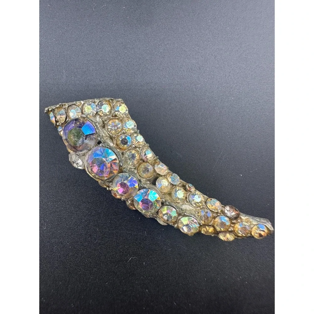 VTG 30s 40s Aurora Borealis Rhinestone Crescent Brooch Crystal Pot Metal Pin
